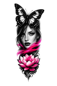 Colored portrait tattoo design in color realism with a grayscale woman's face, AI-generated butterfly above and pink lotus below; concept idea.