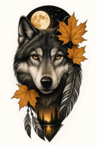 Color tattoo design of a realistic wolf head with autumn leaves, lantern and moon; a project concept in color.