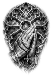 Praying hands within an ornate mandala, black and grey tattoo design concept, AI-generated, ideal for cover-up.