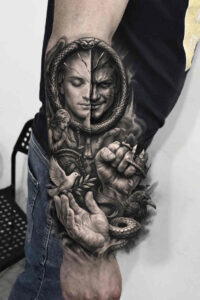 Face of a woman inside a circular mandala frame on the forearm, in black and grey; a project/idea concept; cover-up potential.