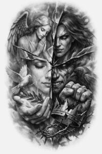 Black and grey tattoo design concept featuring two faces in a dramatic duel with a sword; a project idea and ideal cover-up candidate.
