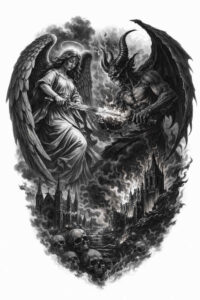 Demon with wings and armored warrior clash inside a circular black-and-grey scene; AI-generated tattoo concept, project idea, cover-up ready.