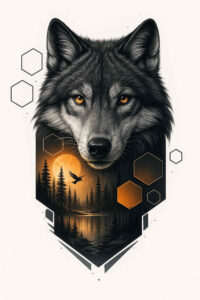 A black and grey geometric wolf head with forest and mountain landscape inside, hexagonal accents; AI-generated concept tattoo idea; cover-up ready.