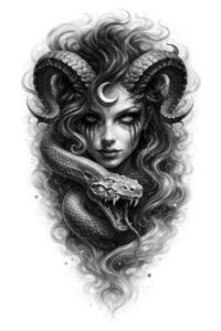 Medusa portrait with coiled snakes in black and grey realism; project idea, cover-up ready.