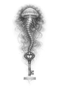 Key and vine tattoo design in black and grey, a surreal, AI-generated concept sketch for a project/idea.