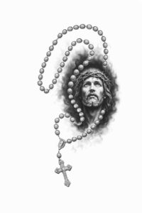 Portrait of Jesus with a rosary and cross in black and grey, a tattoo idea in progress, monochrome design.