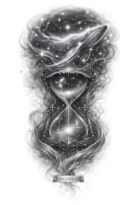 Hourglass with starry cosmos and abstract face in black and grey; AI-generated concept for a tattoo project.