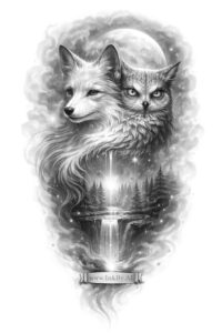 Two wolves with a candle in black and grey, AI-generated project idea.