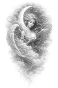 Angel with flowing hair and expansive wings in grayscale on wispy clouds; black and grey tattoo design concept, a project idea and suitable as a cover-up if desired.
