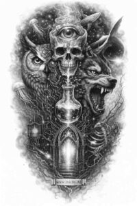 Black and grey tattoo design of an hourglass flanked by skulls with winged forms, a project/idea.