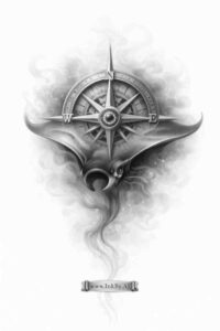 Black and grey tattoo design featuring a dagger piercing a circular compass rose with a star, rendered in fine line style; concept/idea tattoo.