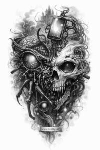 Black and grey biomechanical skull tattoo design with gears, tubes, and cables; a project idea, cover-up perfect.