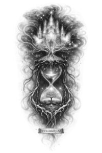 Black and grey tattoo design idea featuring a Grim Reaper with an hourglass, surrounded by smoke and gothic details; a project concept with cover-up potential.