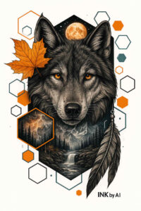 Colorful wolf head in color with geometric hexagon shapes and orange leaf accent; a concept tattoo project.
