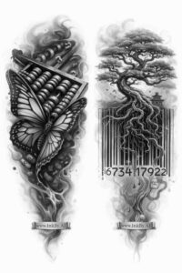 Black and gray barcode dragon on forearm tattoo design; AI-generated project idea, cover-up ready.
