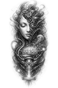 Portrait of a woman with flowing curls merging into a goblet, rendered in black and grey; an AI-generated concept for a tattoo design, ideal for a cover-up.