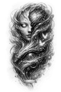 Black and grey tattoo design of a female face merging into a dragon form, with flowing hair and deep shading; AI-generated concept, ideal for cover-up.