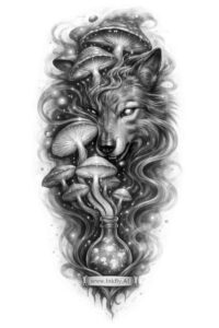 Dark black and grey realism tattoo of a horned wolf head with smoke and hourglass, AI-generated concept, project idea, cover-up ready.