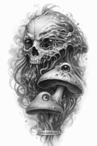 Black and grey realism tattoo concept showing a detailed skull with mushrooms growing from its jaw and hair-like shading; an AI-generated project idea.