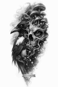Crow and skull composition in black and grey, AI-generated project idea; ideal for cover-up.