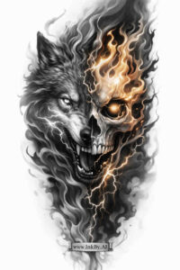 Color realism tattoo design with a left grayscale wolf head and right orange-flame skull, bold contrast; AI-generated project idea, perfect for cover-up.