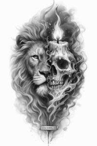 Split-face tattoo in black and grey showing a lion on the left and a skull on the right; AI-generated concept, project idea, cover-up suitable.