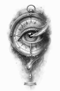 Black and grey AI-generated concept of a surreal eye inside a pocket watch, with a chain and cross pendant; a project idea, suitable for cover-up.