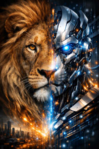 Color tattoo design of a lion on the left and a blue-lit biomechanical cyborg side on the right, AI-generated project, color concept, cover-up ready.