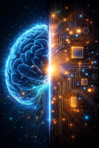 Bright blue neon brain on the left connected to a glowing circuit pattern on the right; color tattoo; AI-generated concept; cover-up suitable.