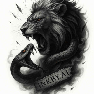 Bold black and grey realism tattoo concept of a snarling lion entwined with a dragon, AI-generated project, grayscale work ideal for cover-up.