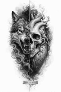 Black and grey tattoo design featuring a split portrait of a snarling wolf on the left and a human skull on the right; AI-generated concept, perfect for a cover-up, project-ready.