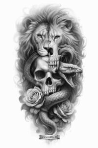 Black and grey tattoo concept featuring a lion skull entwined with a rose, shown as a project idea; ideal for cover-up.