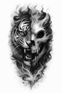 Black and grey tattoo design concept depicting a tiger-face merging into a skull with smoky shading; AI-generated project idea, perfect for cover-up.