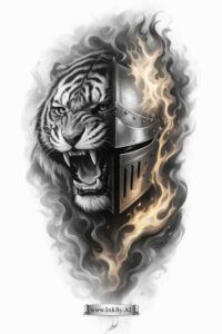 Split-face tattoo concept in black and grey realism with a roaring tiger on the left and flames on the right; black ink dominates, ideal as a cover-up.