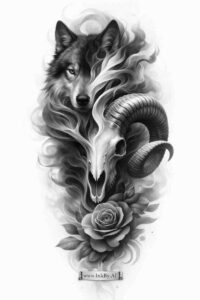 Black and grey wolf head with a rose, smoky shading; monochrome tattoo idea, AI-generated, cover-up-ready.