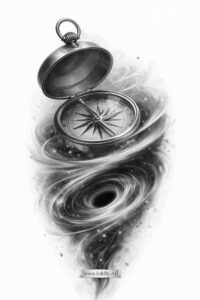 Pocket watch and compass in black and grey, AI-generated tattoo design concept, perfect for cover-up.