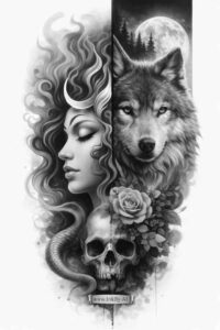 Black and grey tattoo design of a grayscale wolf and woman portrait with skull and rose, presented as an AI-generated concept for a potential cover-up.