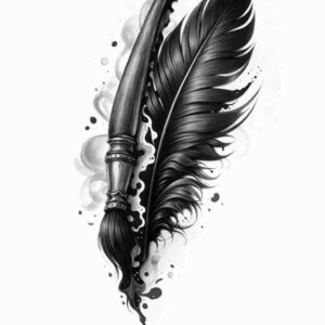 A black and grey feather with dagger motif, shown as an AI-generated tattoo design concept for a future project.
