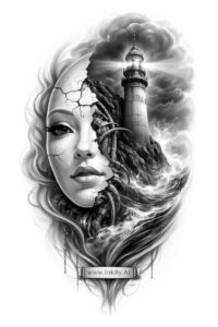 Portrait of a woman's face merged with a lighthouse in grayscale, a black and grey AI-generated tattoo design concept and project idea.