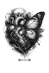 Black and grey realism tattoo of a heart with butterfly perched on top, a project concept in grayscale, ideal for cover-up.