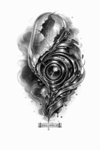 Biomechanical heart with gears and tubing in black and grey, a tattoo design concept, AI-generated, ideal for cover-up.