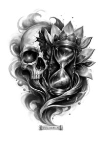 Skull with lotus and feather elements in black and grey, a project idea for a tattoo design.