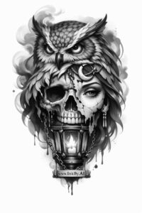 Skull and owl tattoo in black and grey realism; AI-generated project concept, perfect for a cover-up.