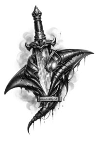 This black and grey tattoo design depicts a dagger with bat-wing blades and an ornate hilt, a project idea that is AI-generated and cover-up ready.
