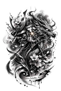 Bold black and grey dragon entwined with flowers; a detailed tattoo design concept, AI-generated, suitable as a cover-up.