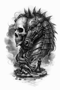 Black and grey biomechanical skull with gears and spine, tattoo design concept, AI-generated, perfect for cover-up.