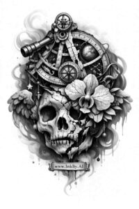 Dark biomechanical skull with gears and pipes, and a single flower in black and grey; AI-generated project idea, perfect for cover-up.