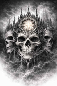 Black and grey realism tattoo concept: a skull with a Gothic cathedral backdrop; AI-generated idea, cover-up ready.