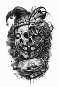 Split-face skull and demon tattoo design in black and grey; AI-generated concept; ideal cover-up.