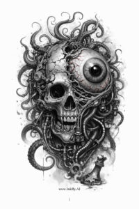 Skull and tentacle tattoo in black and grey, AI-generated concept, project/idea, perfect for cover-up.